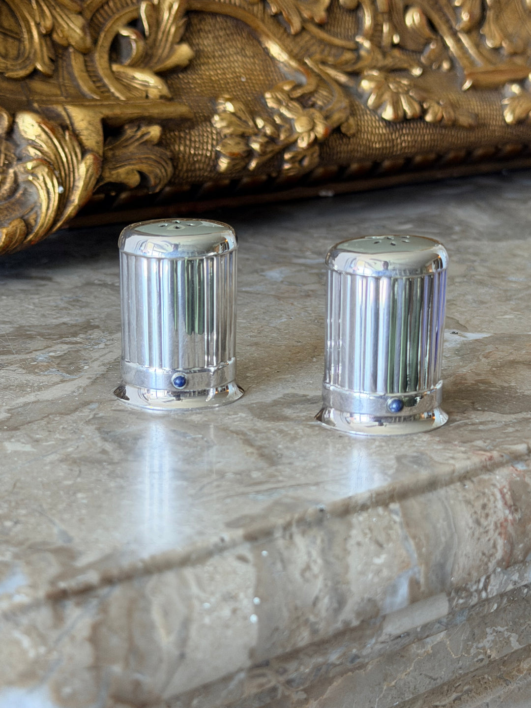 Cartier Silver Salt and Pepper Shakers with Lapis Cabochons
