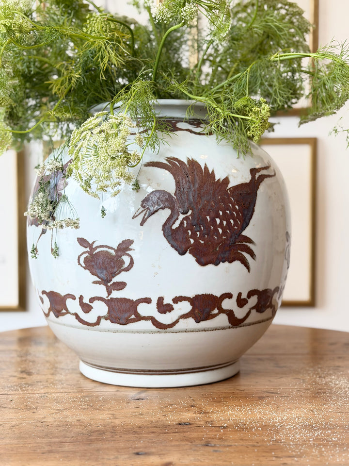 Large Hand-Painted Porcelain Crane Pot