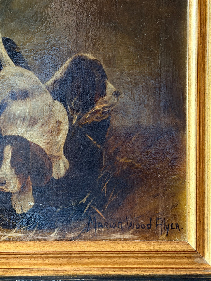 Sporting Oil Painting of Spaniel Puppies in a Basket - Early 20th Century