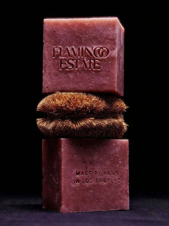 Flamingo Estate Sappho Fig exfoliating soap brick by Housebound Interiors, shown in packaging