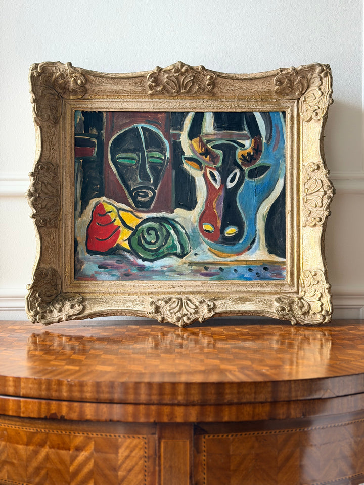 French Modernist Composition with Mask and Animal Figure, Circa 1950
