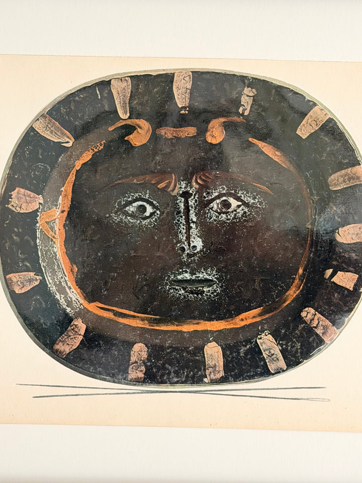 Nine tipped-in color lithographs from Céramiques de Picasso, 1948, showcasing vibrant ceramic designs by Pablo Picasso.