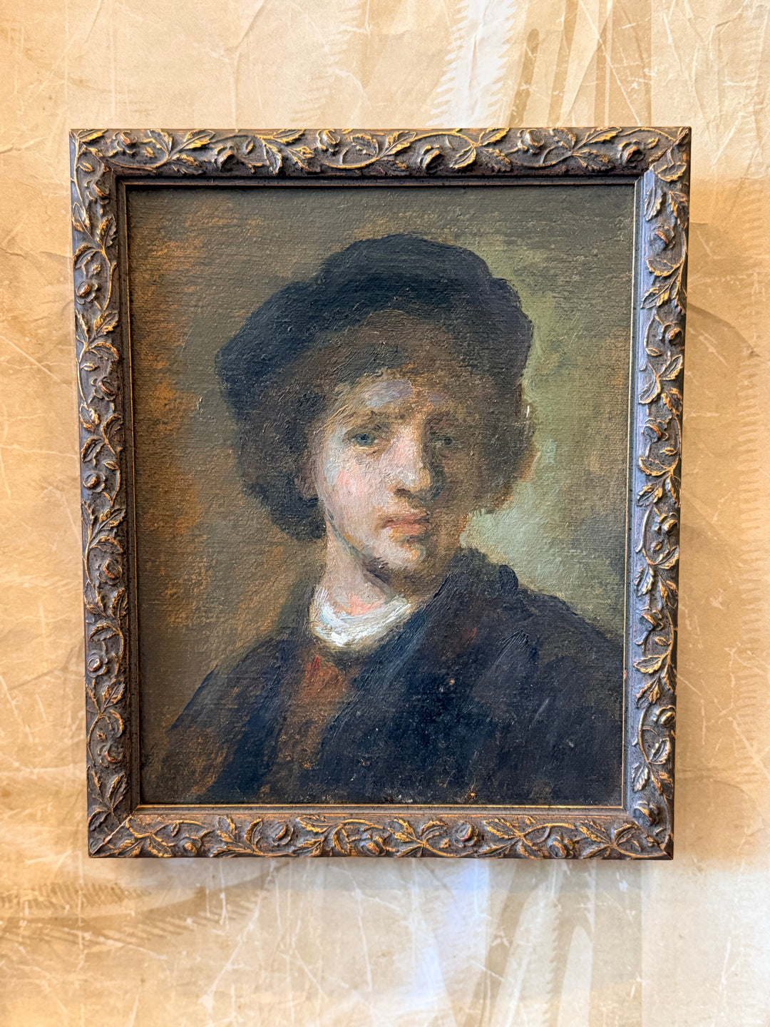 20th-century oil portrait of a young man in the manner of Rembrandt by Housebound Interiors