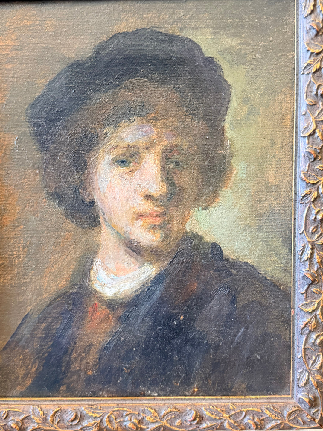 20th-century oil portrait of a young man in the manner of Rembrandt by Housebound Interiors