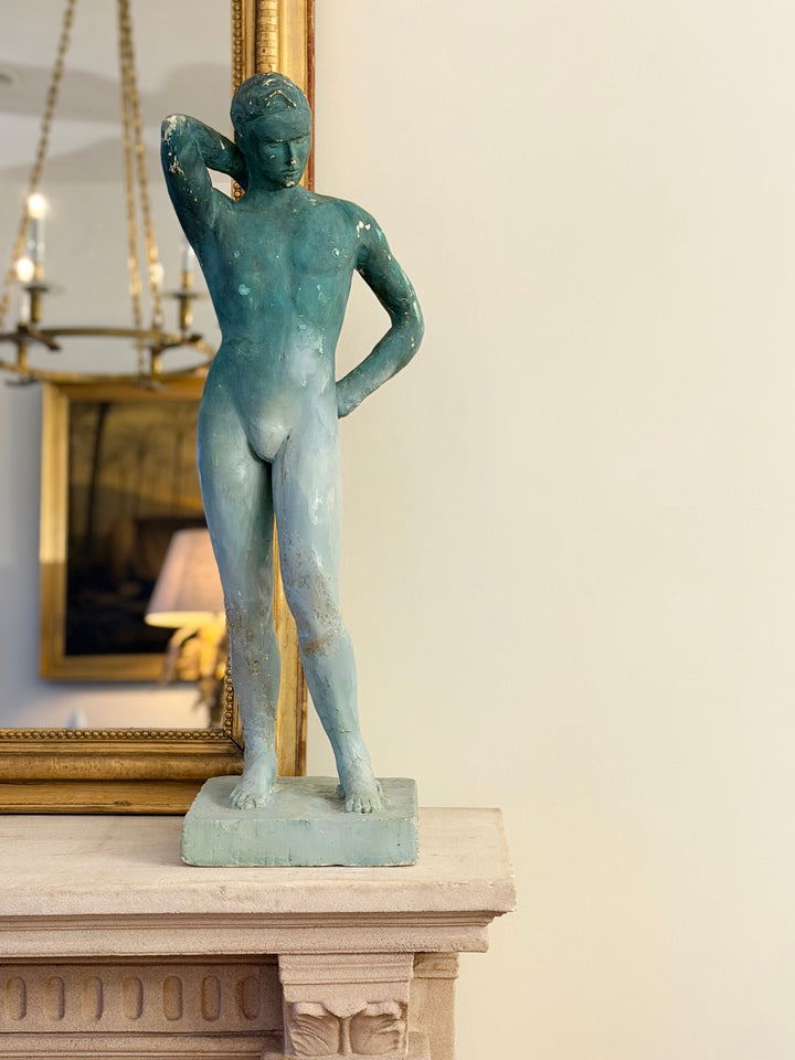 French Plaster Male Figure Study with Blue-Green Patina