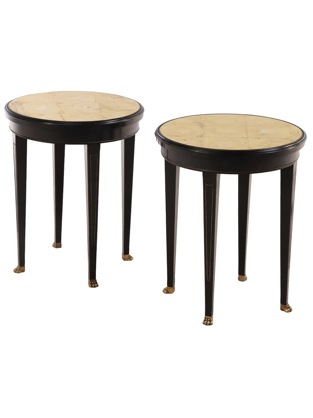 Pair of Italian ebonized side tables with gilt glass tops and brass claw feet, circa 1950, by Housebound Interiors.