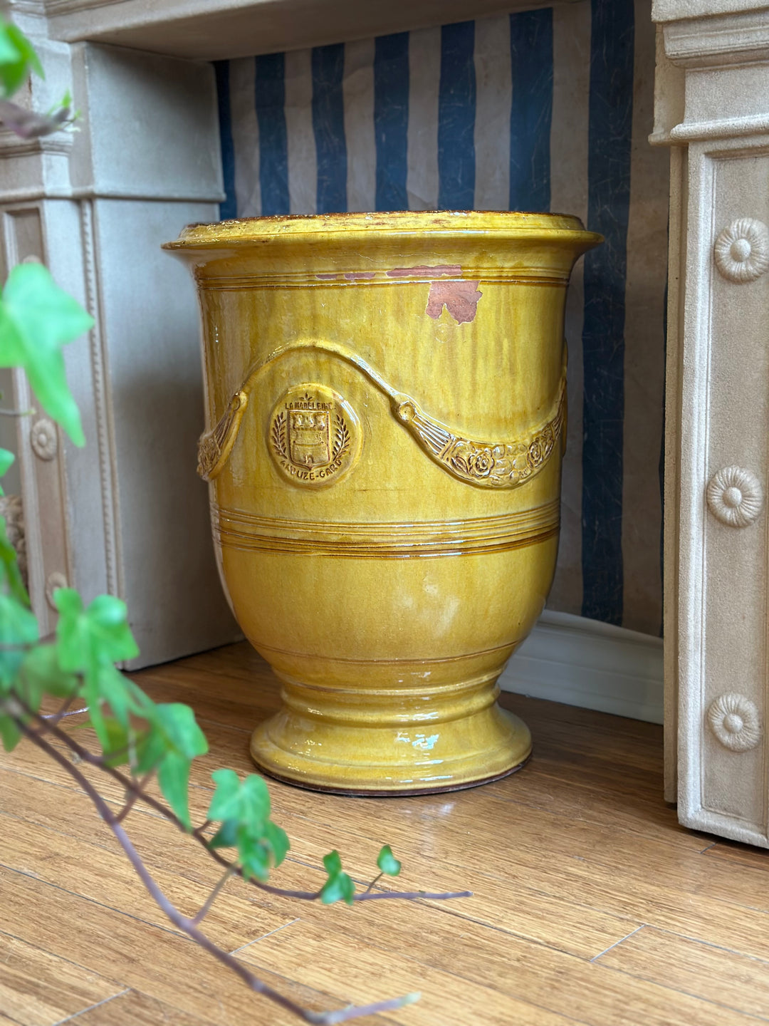 large ochre plant pot French Anduze Pot with Ochre Glaze by La Madeleine, Circa 1900