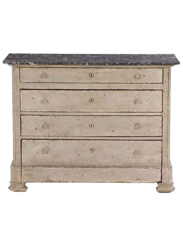 19th century French painted commode with marble top, featuring ornate woodwork and elegant design from Housebound Interiors.