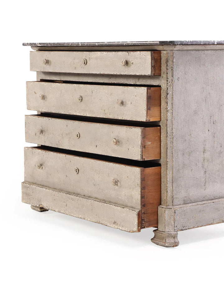 19th century French painted commode with marble top, featuring ornate woodwork and classic European design details.