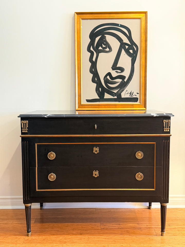 French Ebonized Mahogany Directoire-Style Commode with Marble Top and Bronze Mounts, circa 1940