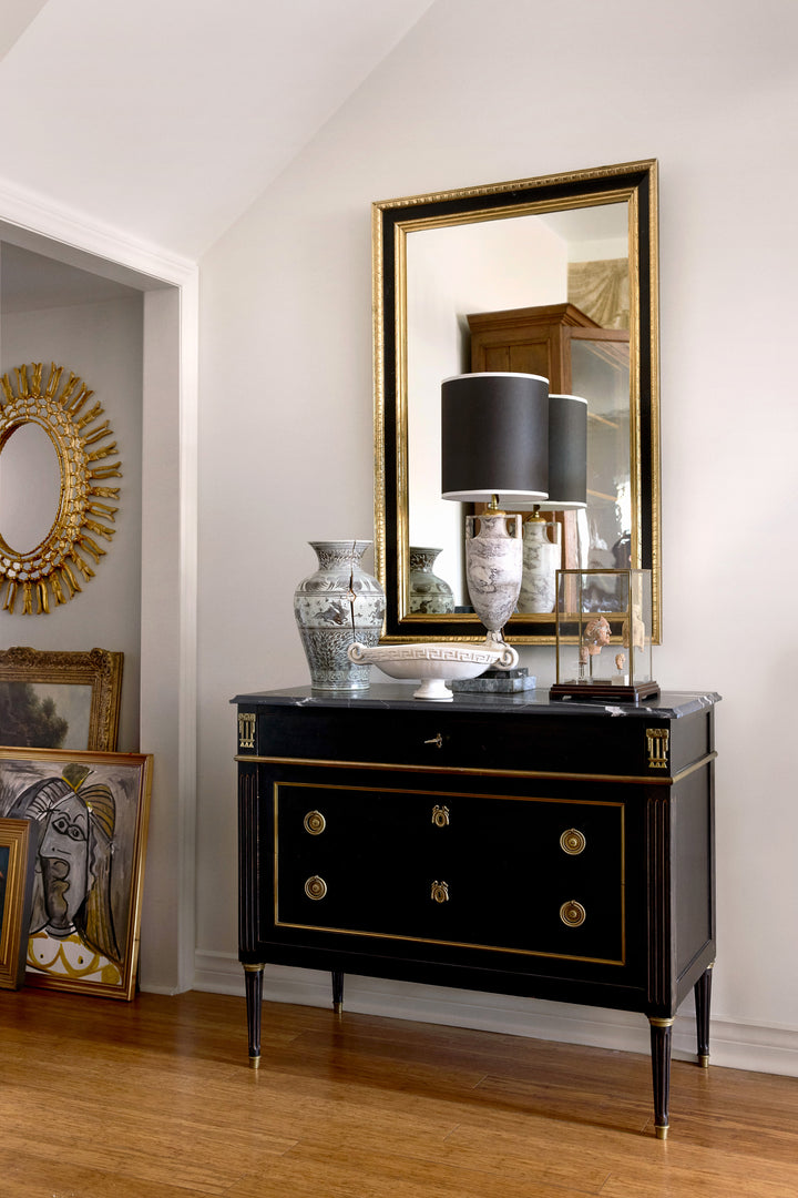 French Ebonized Mahogany Directoire-Style Commode with Marble Top and Bronze Mounts, circa 1940