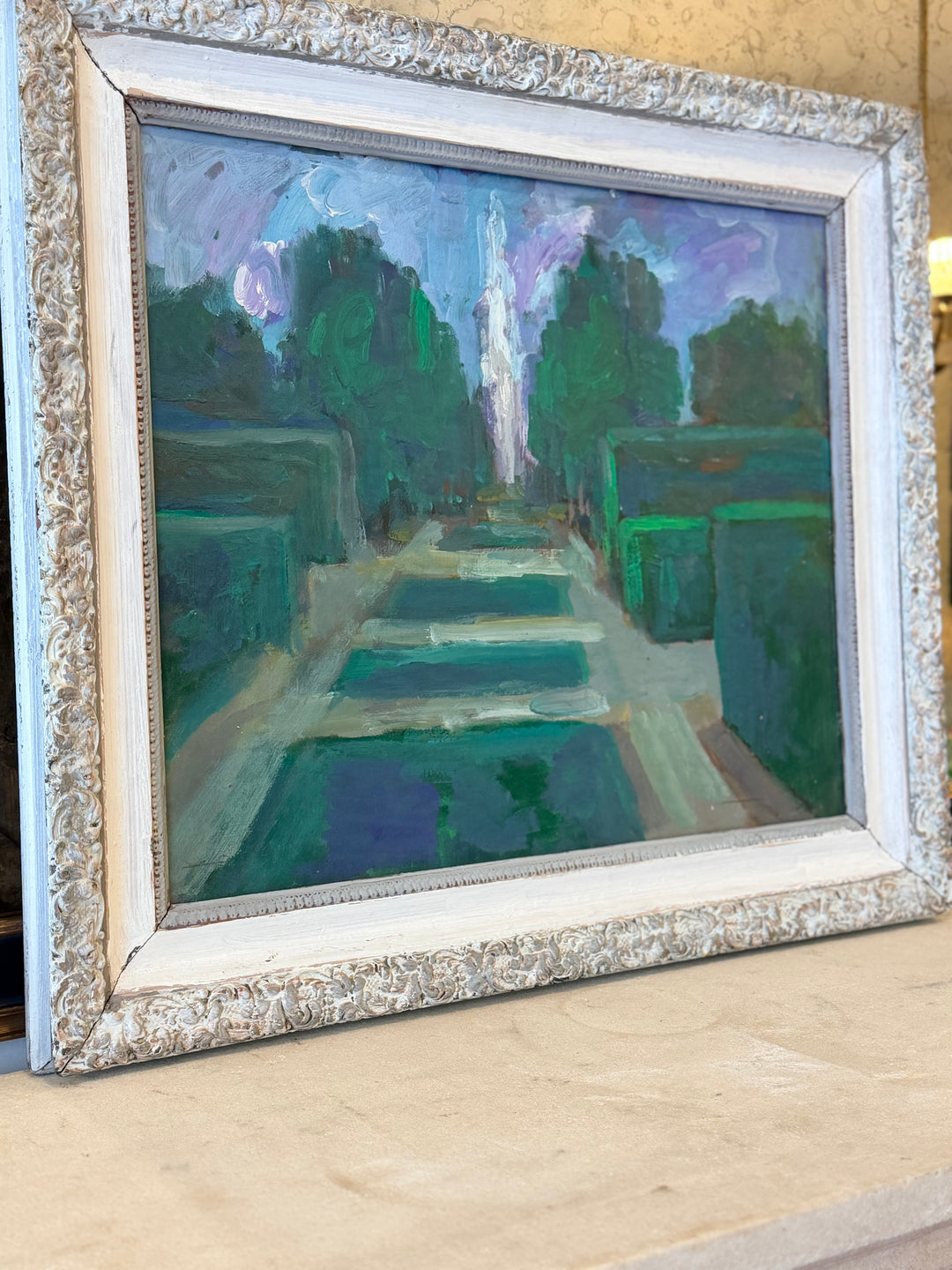 French Formal Garden with Fountain, Oil on Board, Circa 1940s