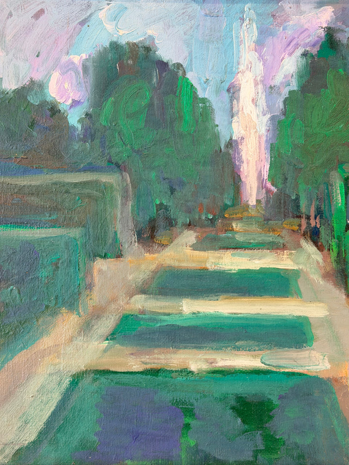 French Formal Garden with Fountain, Oil on Board, Circa 1940s