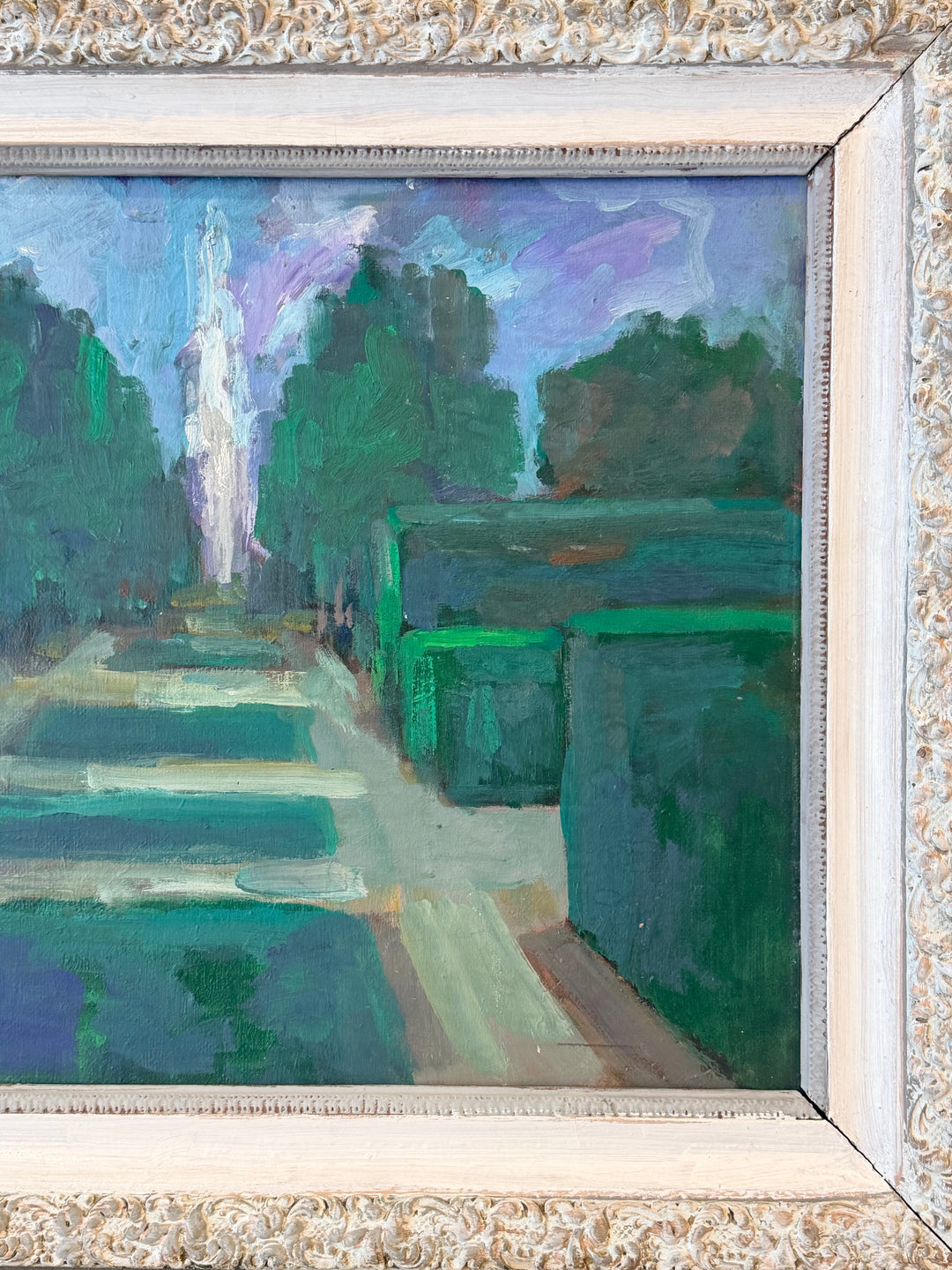 French Formal Garden with Fountain, Oil on Board, Circa 1940s