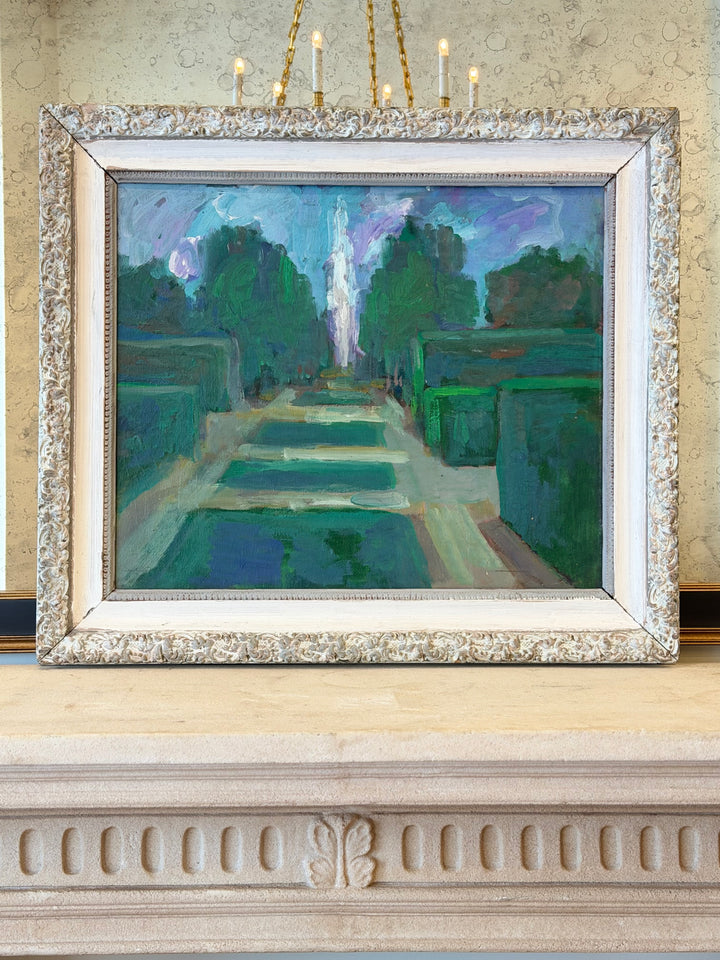 French Formal Garden with Fountain, Oil on Board, Circa 1940s