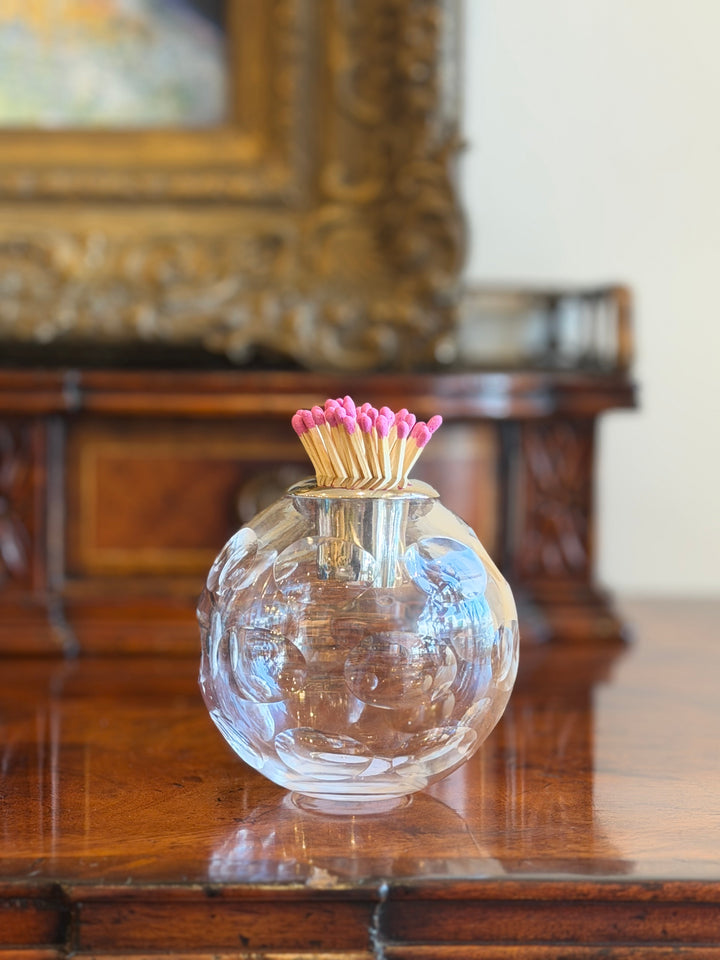 Clear glass match striker with silver collar, designed for safe and stylish lighting, by Housebound Interiors.