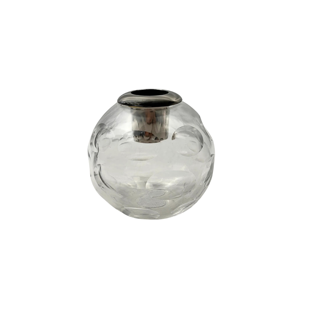 Clear glass match striker with silver collar, designed for safe and stylish candle or match lighting. Housebound Interiors.