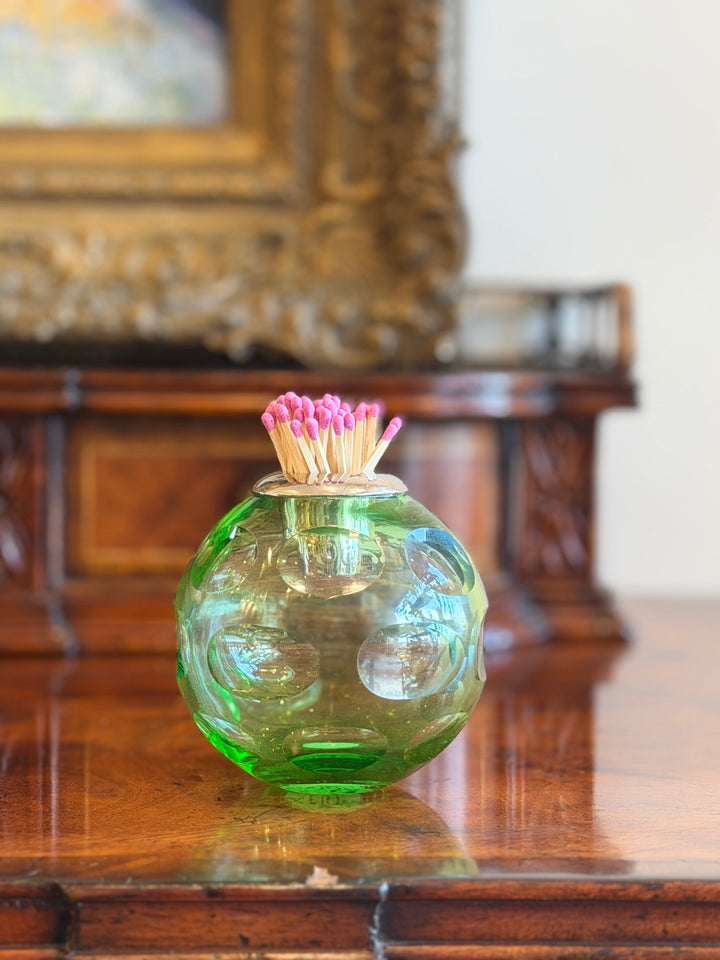 Emerald glass match striker with silver collar, decorative home accessory by Housebound Interiors.
