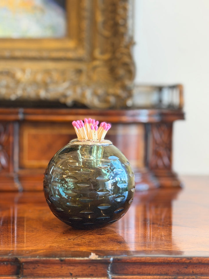 Glass match striker with silver collar in forest design by Housebound Interiors, featuring a sleek glass surface with metallic accents.