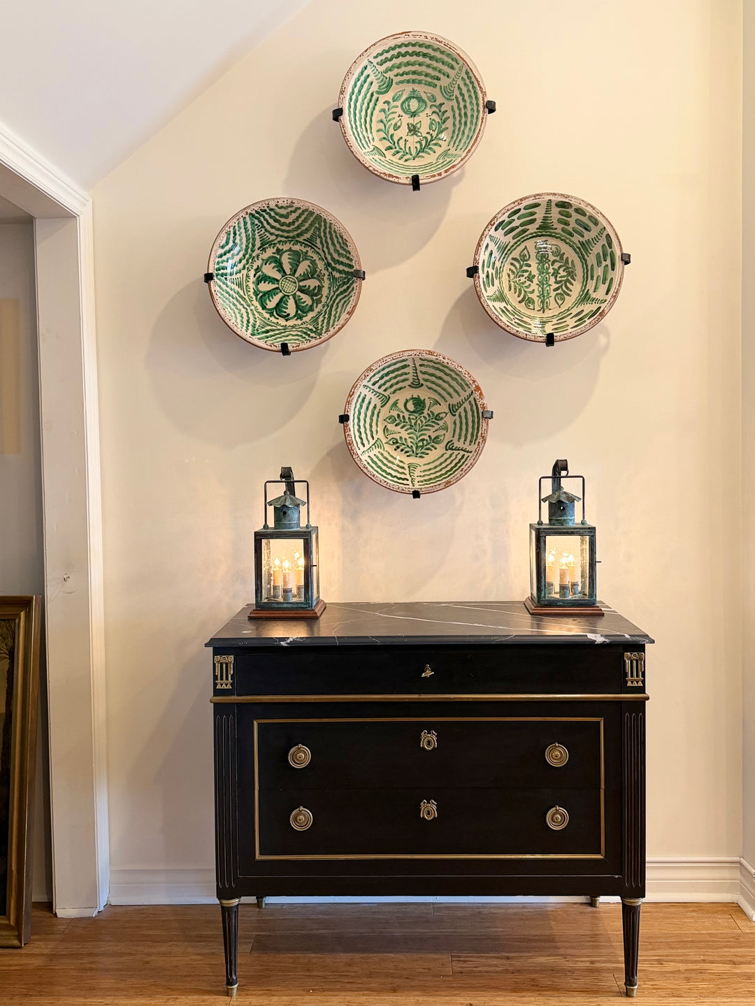 Large Granada hand-painted Andalusian green glazed ceramic basin with floral design, ideal for garden or interior decor.