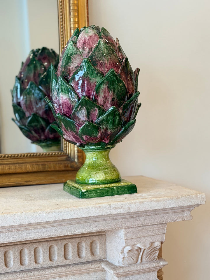 Monumental Hand-Painted Italian Ceramic Artichoke on Pedestal Base