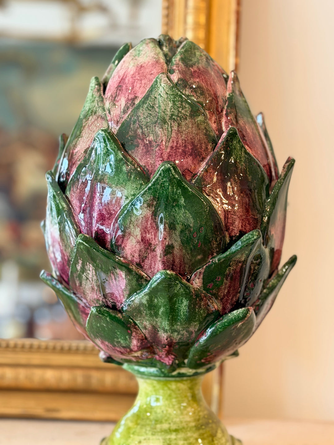 Monumental Hand-Painted Italian Ceramic Artichoke on Pedestal Base