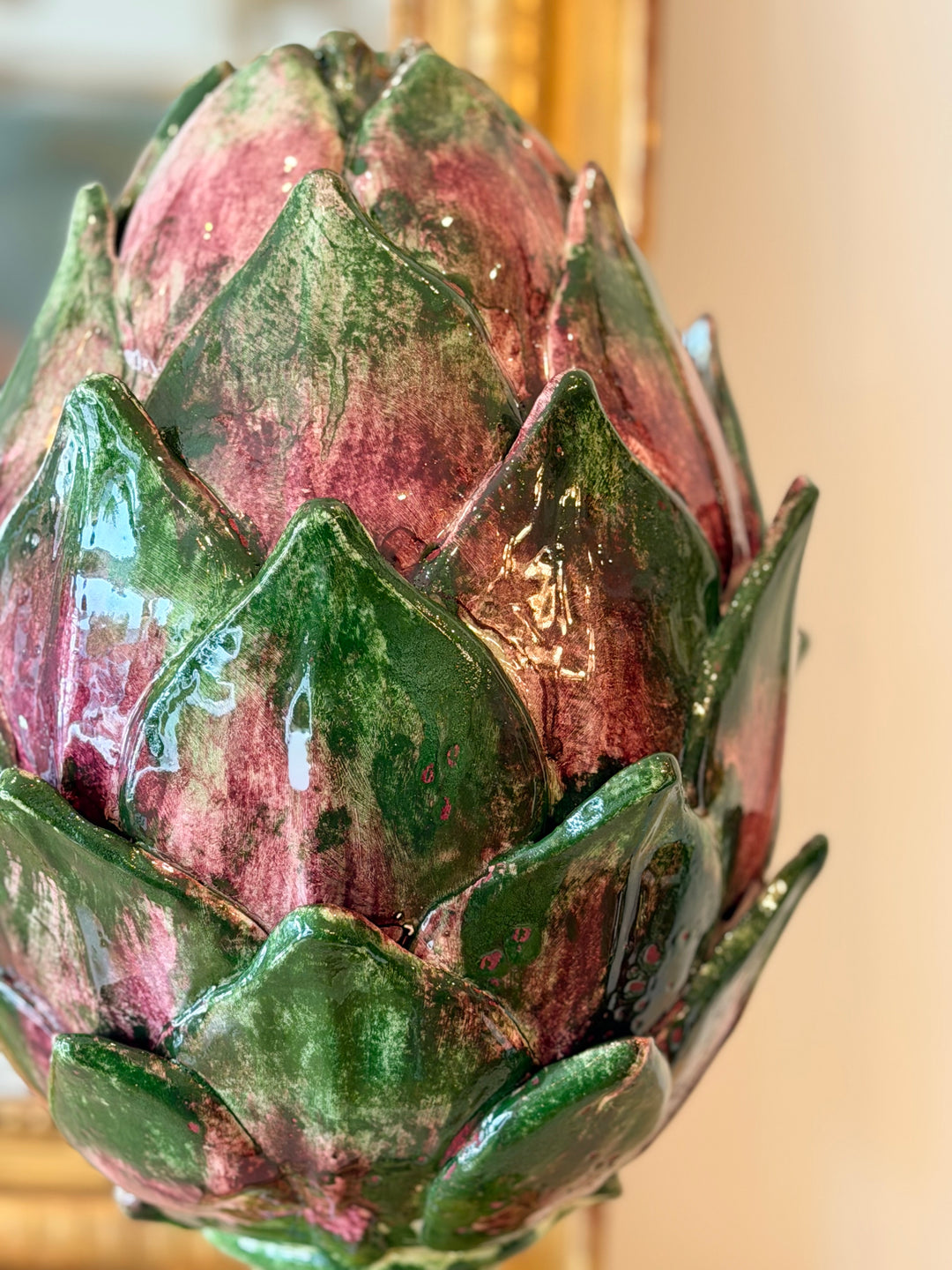 Monumental Hand-Painted Italian Ceramic Artichoke on Pedestal Base