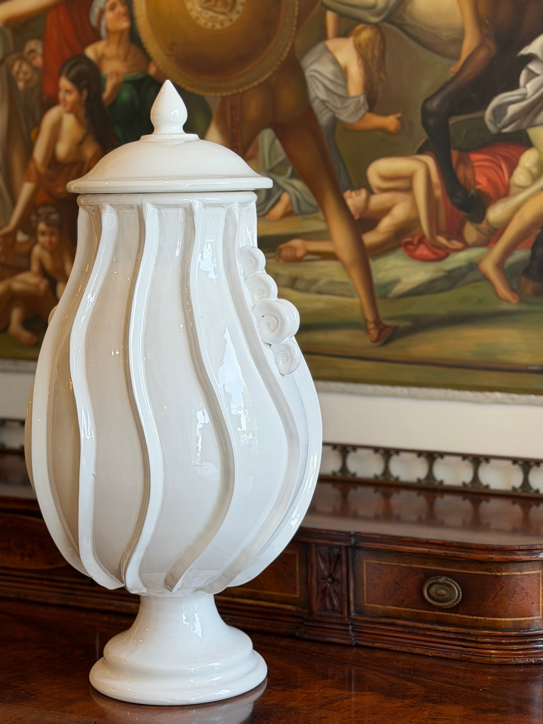 Monumental Italian Glazed Amphora with Swirl Relief