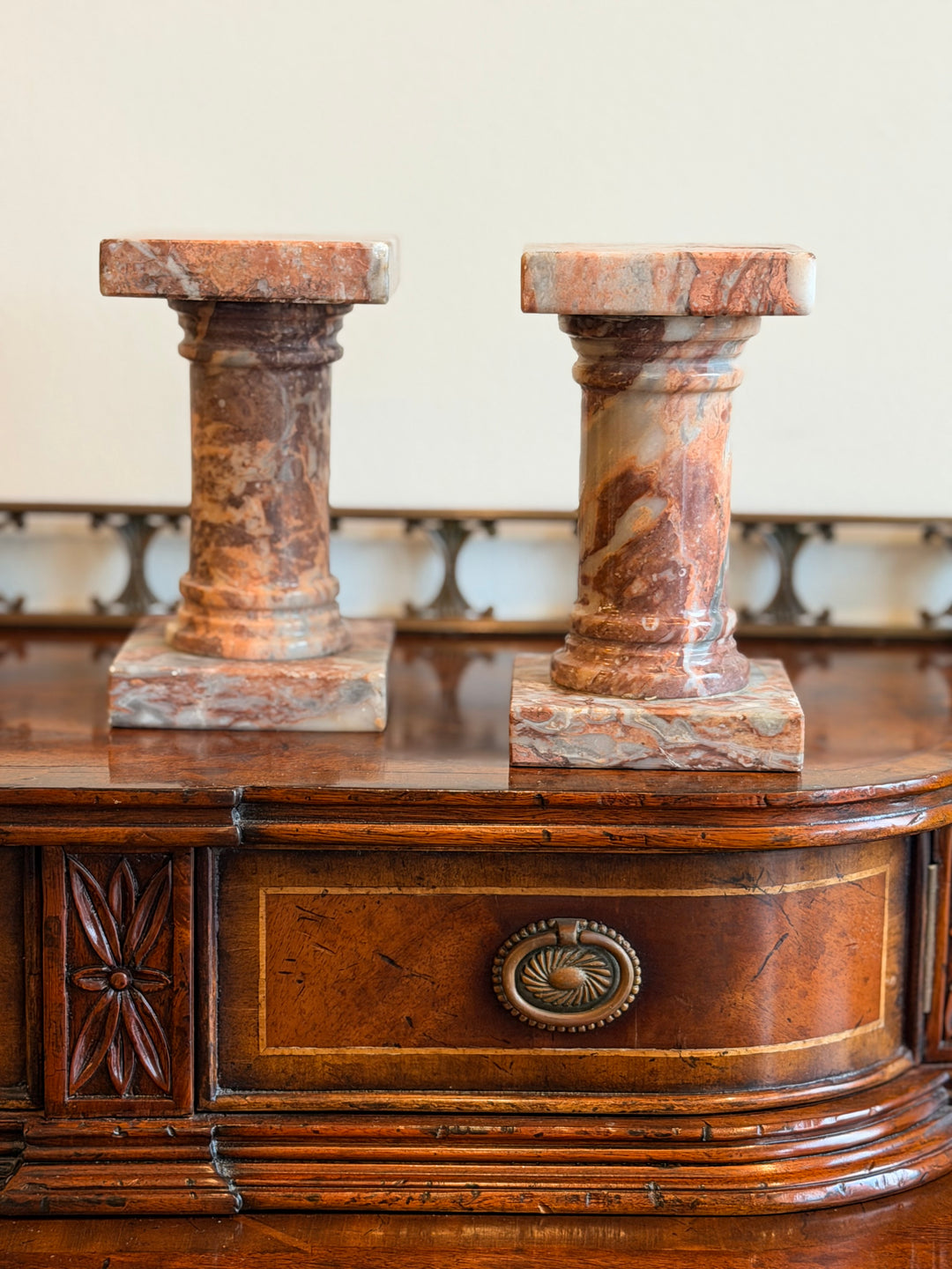 Pair of Petite Rouge Marble Columns or Bookends
France, circa 1950s