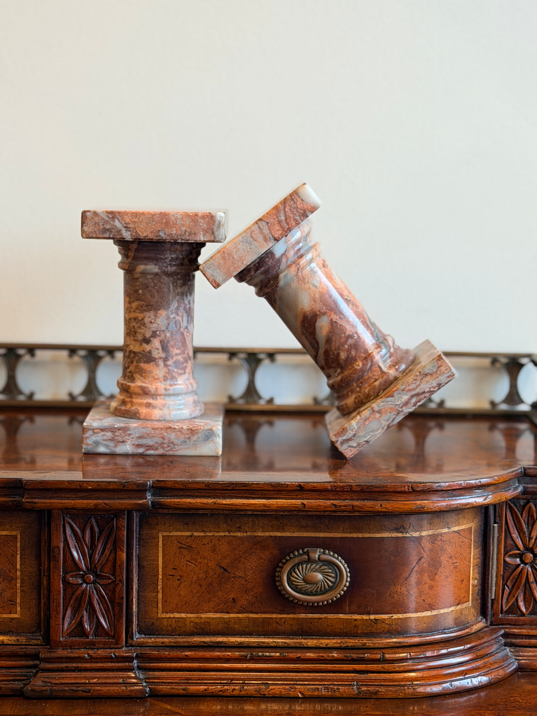 Pair of Petite Rouge Marble Columns or Bookends
France, circa 1950s