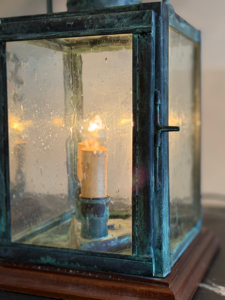 Pair of Verdigris Lantern-Form Table Lamps, Mid-20th Century