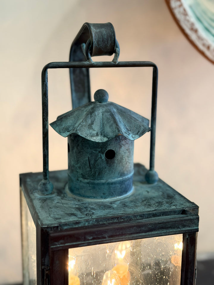 Pair of Verdigris Lantern-Form Table Lamps, Mid-20th Century