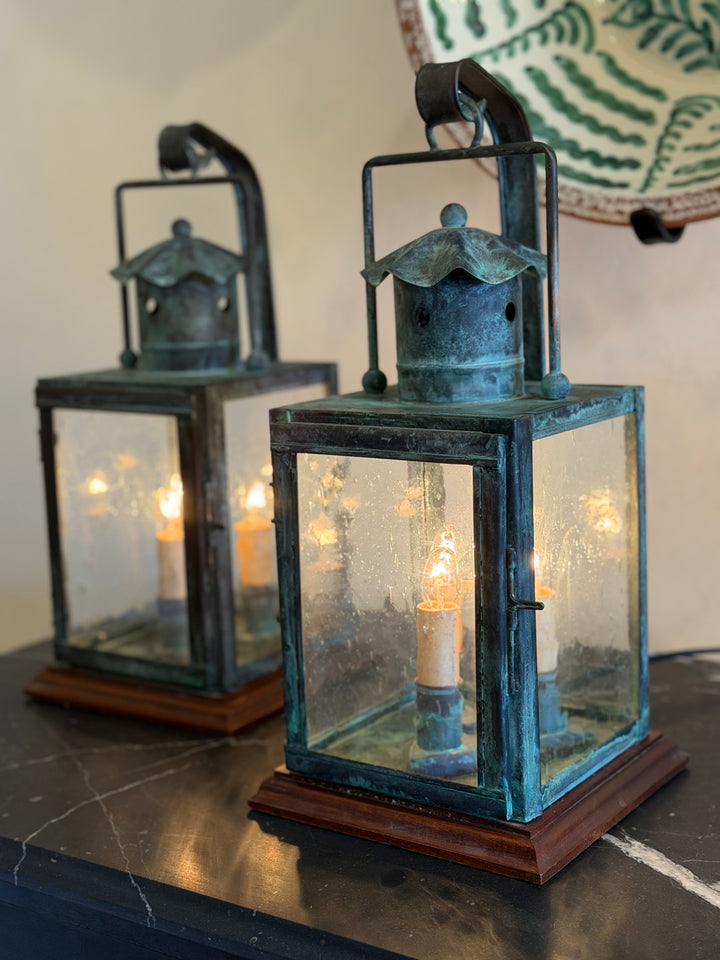 Pair of Verdigris Lantern-Form Table Lamps, Mid-20th Century