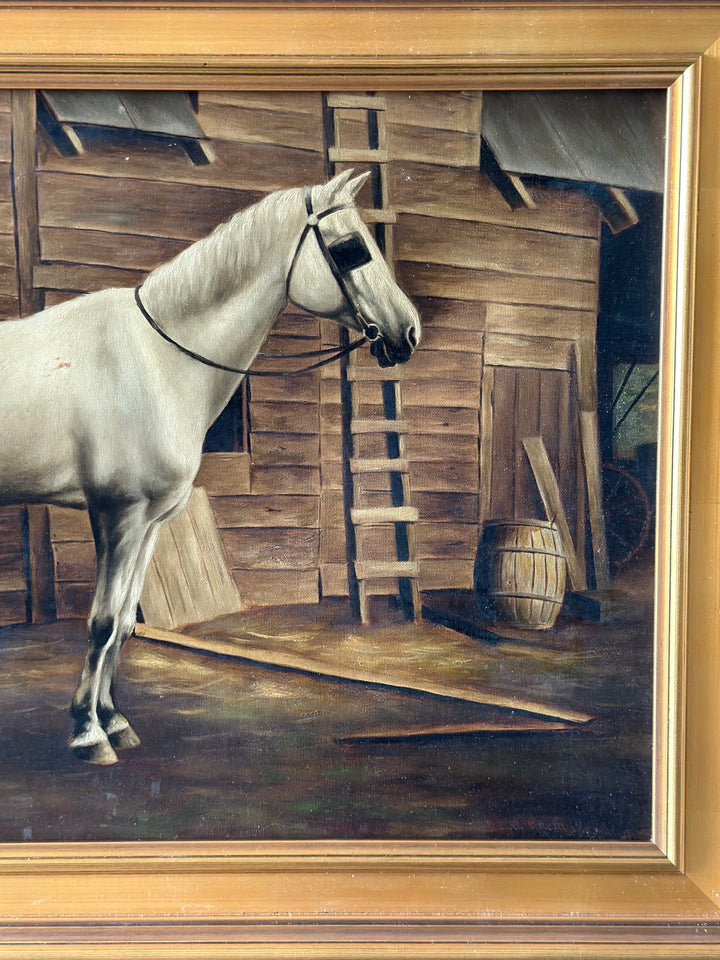 Portrait of a White Horse in a Stable Interior, English School, Late 19th Century