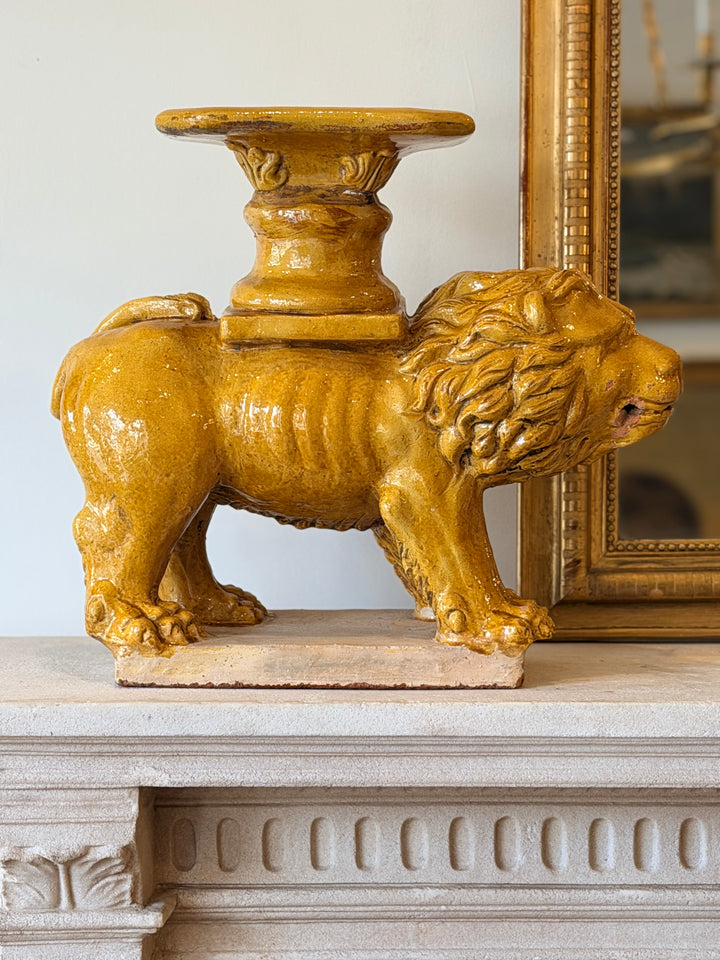 Rare 19th-Century Italian Majolica Lion Garden Stool / Sculptural Cocktail Table