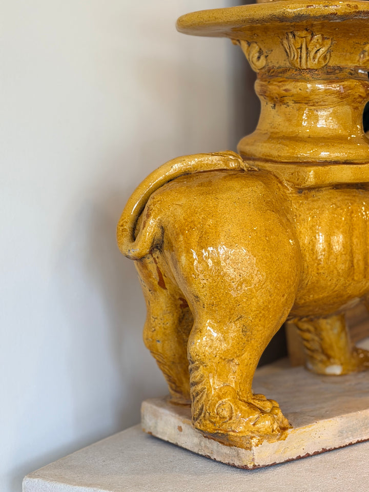 Rare 19th-Century Italian Majolica Lion Garden Stool / Sculptural Cocktail Table