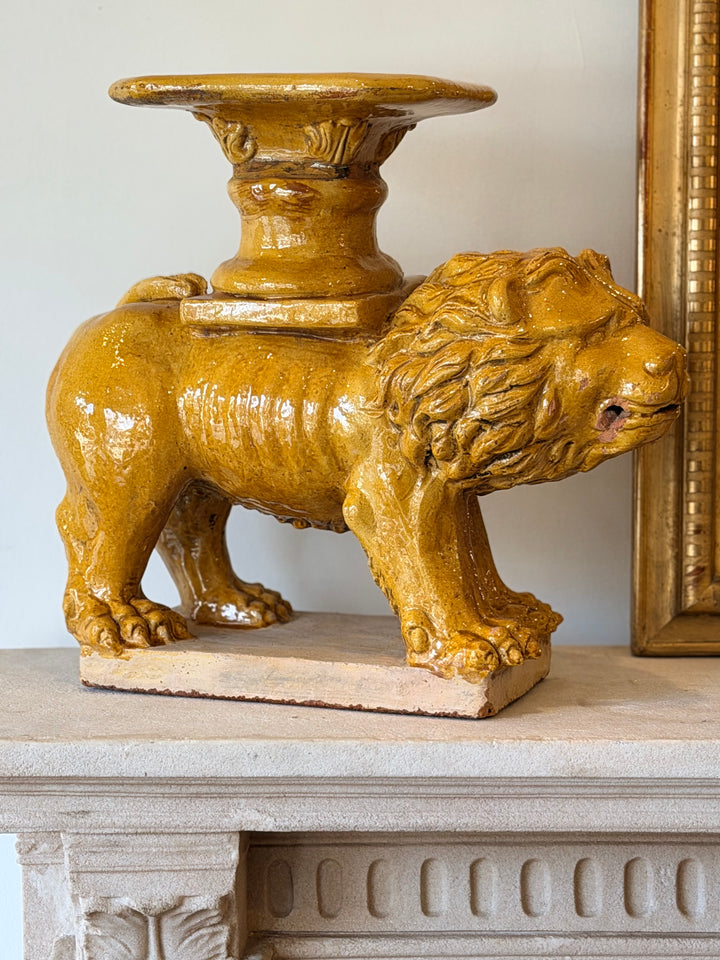 Rare 19th-Century Italian Majolica Lion Garden Stool / Sculptural Cocktail Table
