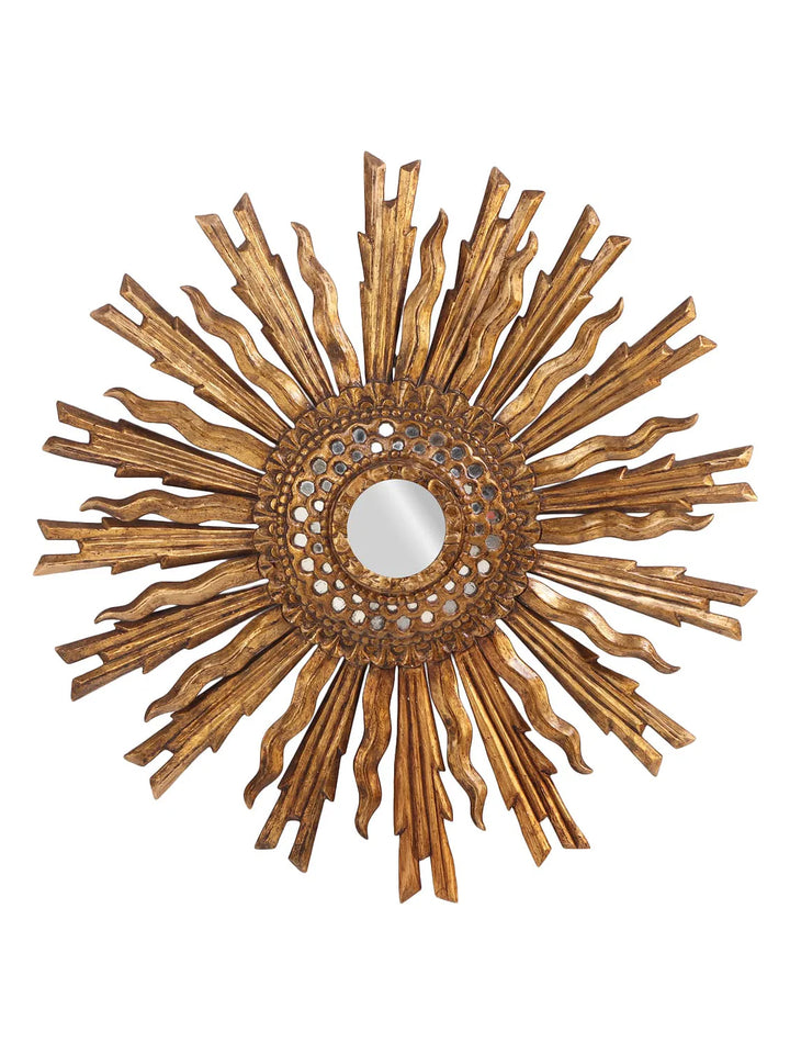 Large antique Italian carved wood sunburst mirror from 1920 with intricate detailing, classic vintage wall decor by Housebound Interiors