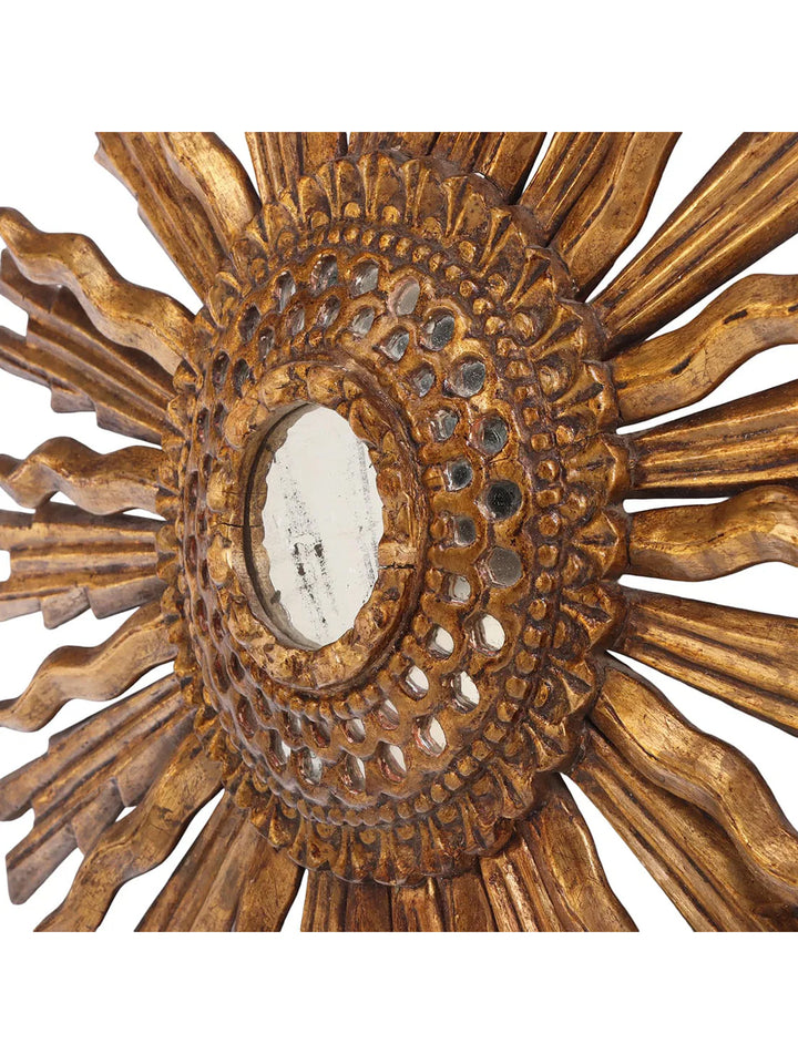 Large antique Italian carved wood sunburst mirror from 1920 with intricate detailing and vintage craftsmanship.