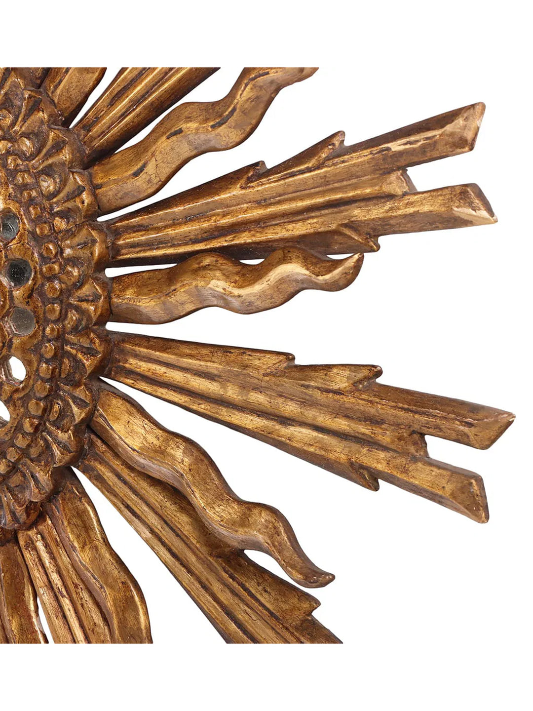Large antique Italian carved wood sunburst mirror from 1920 with intricate details, perfect for vintage home décor.